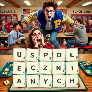 Kreatywna ilustracja do gry w Scrabble ze słowem USPOŁECZNIANYCH ułożonym z płytek na planszy.