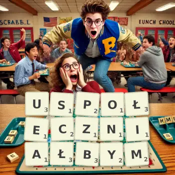 Kreatywna ilustracja do gry w Scrabble ze słowem USPOŁECZNIAŁBYM ułożonym z płytek na planszy.