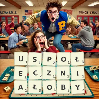 Kreatywna ilustracja do gry w Scrabble ze słowem USPOŁECZNIAŁOBY ułożonym z płytek na planszy.