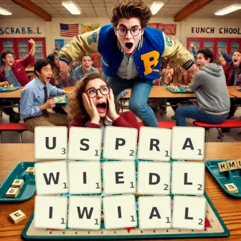 Kreatywna ilustracja do gry w Scrabble ze słowem USPRAWIEDLIWIAL ułożonym z płytek na planszy.