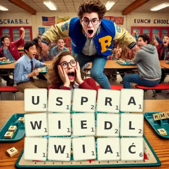 Kreatywna ilustracja do gry w Scrabble ze słowem USPRAWIEDLIWIAĆ ułożonym z płytek na planszy.