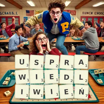 Kreatywna ilustracja do gry w Scrabble ze słowem USPRAWIEDLIWIEŃ ułożonym z płytek na planszy.