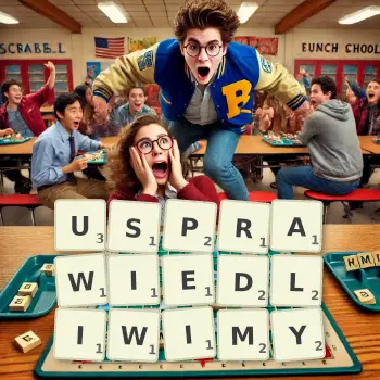 Kreatywna ilustracja do gry w Scrabble ze słowem USPRAWIEDLIWIMY ułożonym z płytek na planszy.