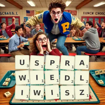 Kreatywna ilustracja do gry w Scrabble ze słowem USPRAWIEDLIWISZ ułożonym z płytek na planszy.