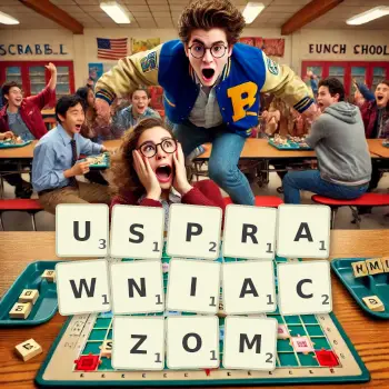 Kreatywna ilustracja do gry w Scrabble ze słowem USPRAWNIACZOM ułożonym z płytek na planszy.