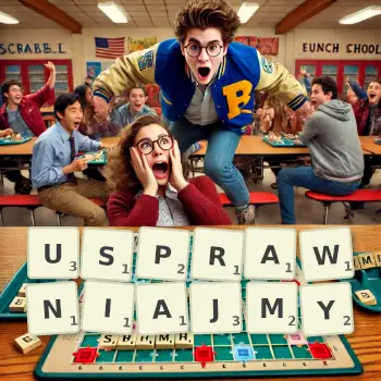 Kreatywna ilustracja do gry w Scrabble ze słowem USPRAWNIAJMY ułożonym z płytek na planszy.