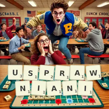 Kreatywna ilustracja do gry w Scrabble ze słowem USPRAWNIANI ułożonym z płytek na planszy.