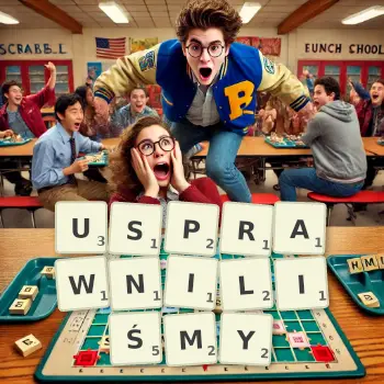 Kreatywna ilustracja do gry w Scrabble ze słowem USPRAWNILIŚMY ułożonym z płytek na planszy.