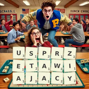 Kreatywna ilustracja do gry w Scrabble ze słowem USPRZETAWIAJACY ułożonym z płytek na planszy.