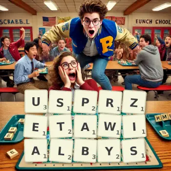 Kreatywna ilustracja do gry w Scrabble ze słowem USPRZETAWIALBYS ułożonym z płytek na planszy.