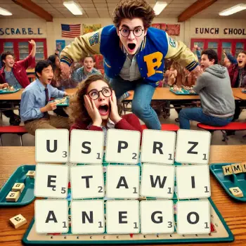 Kreatywna ilustracja do gry w Scrabble ze słowem USPRZĘTAWIANEGO ułożonym z płytek na planszy.