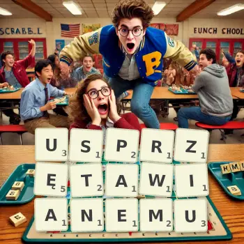 Kreatywna ilustracja do gry w Scrabble ze słowem USPRZĘTAWIANEMU ułożonym z płytek na planszy.