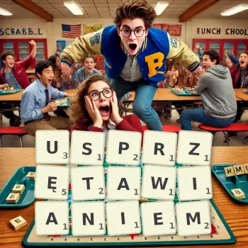 Kreatywna ilustracja do gry w Scrabble ze słowem USPRZĘTAWIANIEM ułożonym z płytek na planszy.