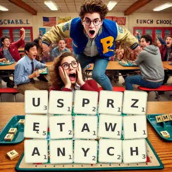 Kreatywna ilustracja do gry w Scrabble ze słowem USPRZĘTAWIANYCH ułożonym z płytek na planszy.