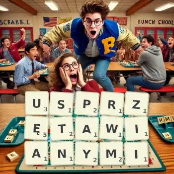 Kreatywna ilustracja do gry w Scrabble ze słowem USPRZĘTAWIANYMI ułożonym z płytek na planszy.