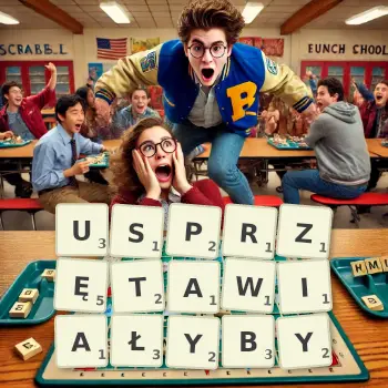 Kreatywna ilustracja do gry w Scrabble ze słowem USPRZĘTAWIAŁYBY ułożonym z płytek na planszy.