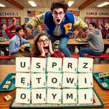 Kreatywna ilustracja do gry w Scrabble ze słowem USPRZĘTOWIONYMI ułożonym z płytek na planszy.