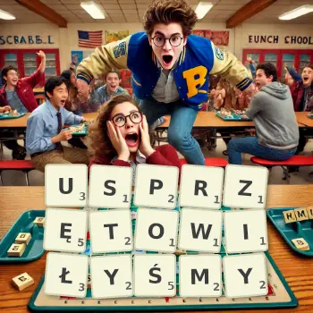 Kreatywna ilustracja do gry w Scrabble ze słowem USPRZĘTOWIŁYŚMY ułożonym z płytek na planszy.