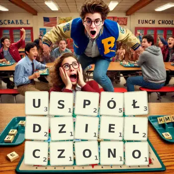 Kreatywna ilustracja do gry w Scrabble ze słowem USPÓŁDZIELCZONO ułożonym z płytek na planszy.