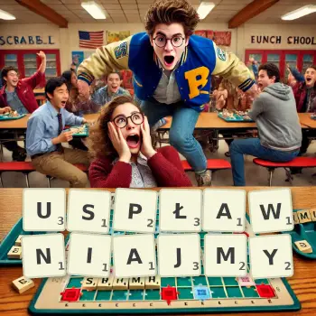 Kreatywna ilustracja do gry w Scrabble ze słowem USPŁAWNIAJMY ułożonym z płytek na planszy.