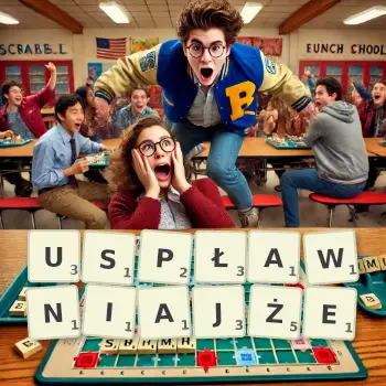 Kreatywna ilustracja do gry w Scrabble ze słowem USPŁAWNIAJŻE ułożonym z płytek na planszy.