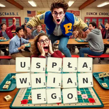 Kreatywna ilustracja do gry w Scrabble ze słowem USPŁAWNIANEGO ułożonym z płytek na planszy.