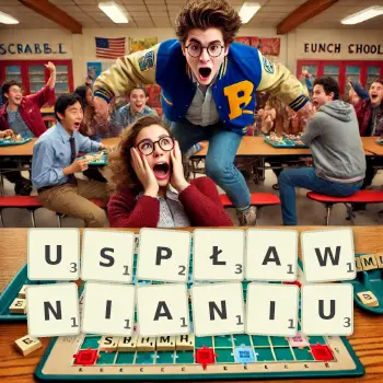 Kreatywna ilustracja do gry w Scrabble ze słowem USPŁAWNIANIU ułożonym z płytek na planszy.