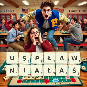 Kreatywna ilustracja do gry w Scrabble ze słowem USPŁAWNIAŁAŚ ułożonym z płytek na planszy.