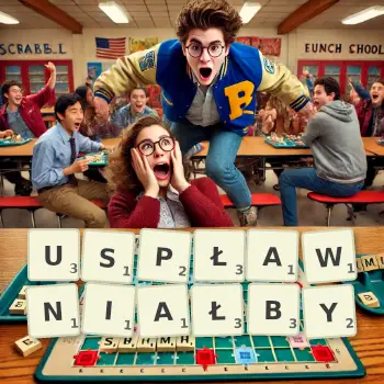 Kreatywna ilustracja do gry w Scrabble ze słowem USPŁAWNIAŁBY ułożonym z płytek na planszy.