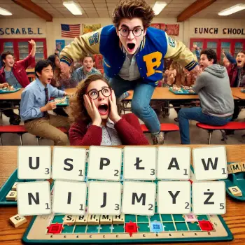 Kreatywna ilustracja do gry w Scrabble ze słowem USPŁAWNIJMYŻ ułożonym z płytek na planszy.