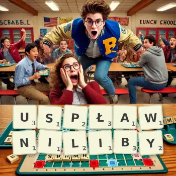 Kreatywna ilustracja do gry w Scrabble ze słowem USPŁAWNILIBY ułożonym z płytek na planszy.