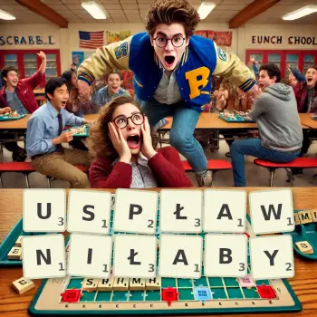 Kreatywna ilustracja do gry w Scrabble ze słowem USPŁAWNIŁABY ułożonym z płytek na planszy.