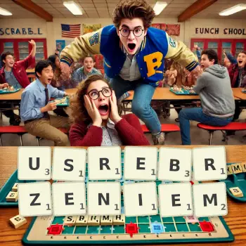 Kreatywna ilustracja do gry w Scrabble ze słowem USREBRZENIEM ułożonym z płytek na planszy.