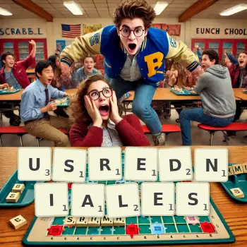 Kreatywna ilustracja do gry w Scrabble ze słowem USREDNIALES ułożonym z płytek na planszy.