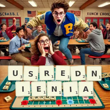 Kreatywna ilustracja do gry w Scrabble ze słowem USREDNIENIA ułożonym z płytek na planszy.