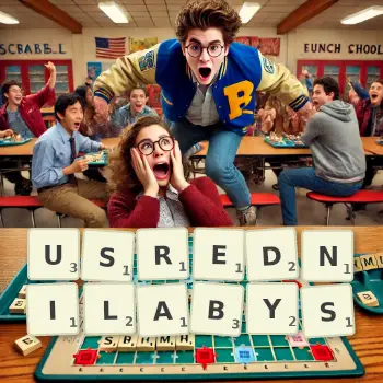 Kreatywna ilustracja do gry w Scrabble ze słowem USREDNILABYS ułożonym z płytek na planszy.