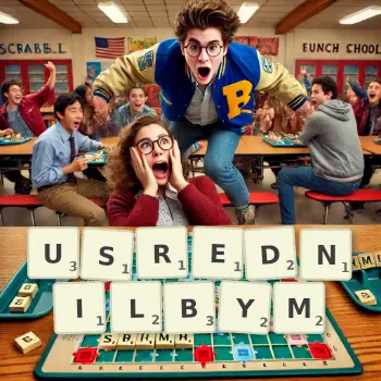 Kreatywna ilustracja do gry w Scrabble ze słowem USREDNILBYM ułożonym z płytek na planszy.