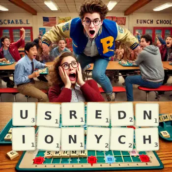 Kreatywna ilustracja do gry w Scrabble ze słowem USREDNIONYCH ułożonym z płytek na planszy.