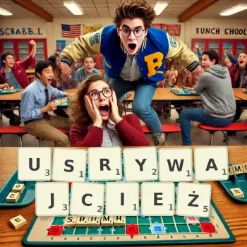 Kreatywna ilustracja do gry w Scrabble ze słowem USRYWAJCIEŻ ułożonym z płytek na planszy.