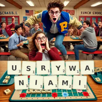 Kreatywna ilustracja do gry w Scrabble ze słowem USRYWANIAMI ułożonym z płytek na planszy.