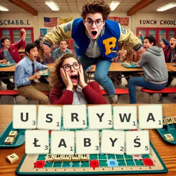 Kreatywna ilustracja do gry w Scrabble ze słowem USRYWAŁABYŚ ułożonym z płytek na planszy.