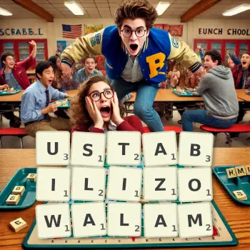 Kreatywna ilustracja do gry w Scrabble ze słowem USTABILIZOWALAM ułożonym z płytek na planszy.