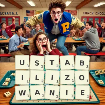 Kreatywna ilustracja do gry w Scrabble ze słowem USTABILIZOWANIE ułożonym z płytek na planszy.