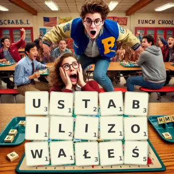 Kreatywna ilustracja do gry w Scrabble ze słowem USTABILIZOWAŁEŚ ułożonym z płytek na planszy.