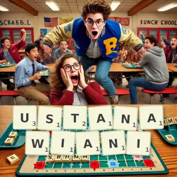 Kreatywna ilustracja do gry w Scrabble ze słowem USTANAWIANI ułożonym z płytek na planszy.