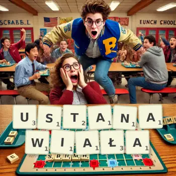 Kreatywna ilustracja do gry w Scrabble ze słowem USTANAWIAŁA ułożonym z płytek na planszy.