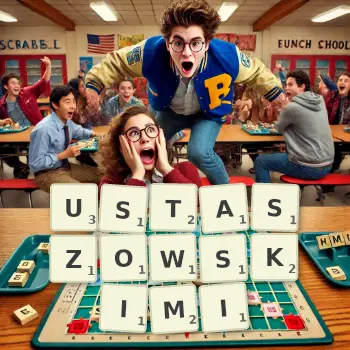 Kreatywna ilustracja do gry w Scrabble ze słowem USTASZOWSKIMI ułożonym z płytek na planszy.