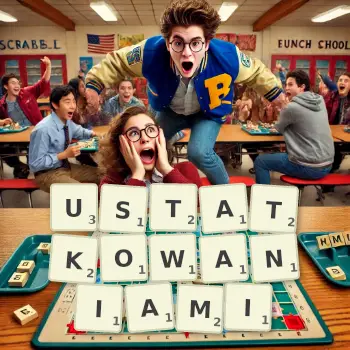 Kreatywna ilustracja do gry w Scrabble ze słowem USTATKOWANIAMI ułożonym z płytek na planszy.