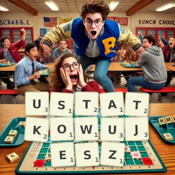 Kreatywna ilustracja do gry w Scrabble ze słowem USTATKOWUJESZ ułożonym z płytek na planszy.