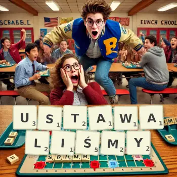 Kreatywna ilustracja do gry w Scrabble ze słowem USTAWALIŚMY ułożonym z płytek na planszy.